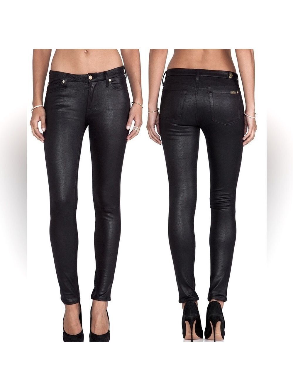 7 For All Mankind Black Crackled Stretch Faux Leather Knee Seamed Pants Size 31